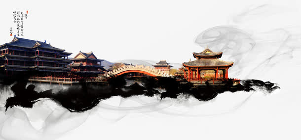 水墨楼阁矢量素材免抠