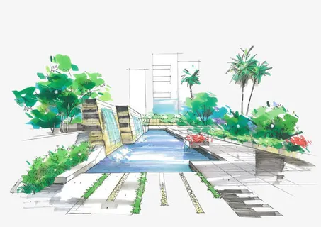 景观建筑手绘小溪彩色免抠