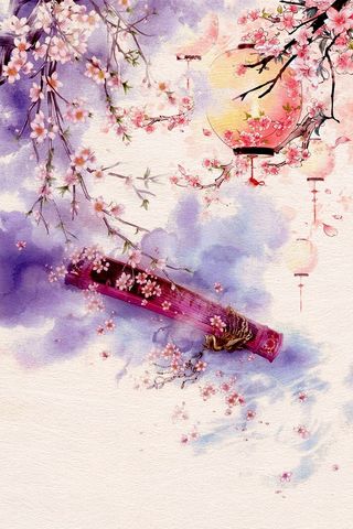 桃花粉色扇子灯笼文艺清新唯美喜庆广告背景高清