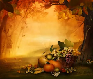 秋天树林风景与水果蔬菜免抠