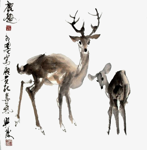 两只鹿国画免抠