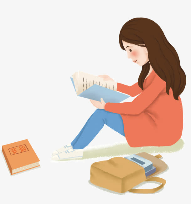 卡通手绘女学生读书免抠手绘/卡通卡通元素