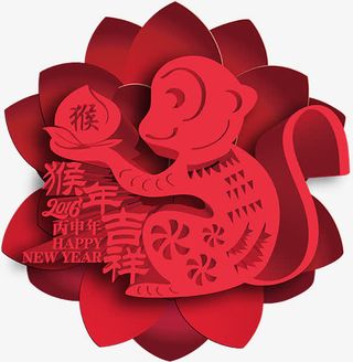 剪纸荷花猴宝宝免抠