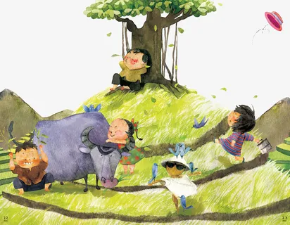 彩绘放牛的小孩插画免抠