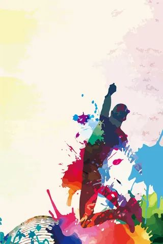 黄色水彩风春季运动会五彩运动员剪影背景高清