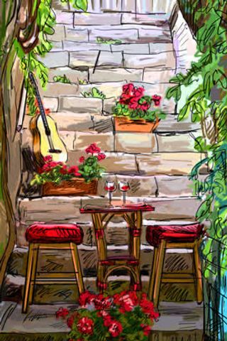 手绘复古墙壁风景免抠