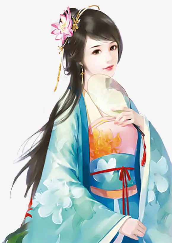 优雅的蓝衣古代美女手绘古风免抠