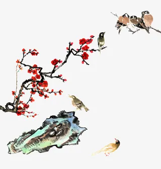 写意红梅小鸟免抠