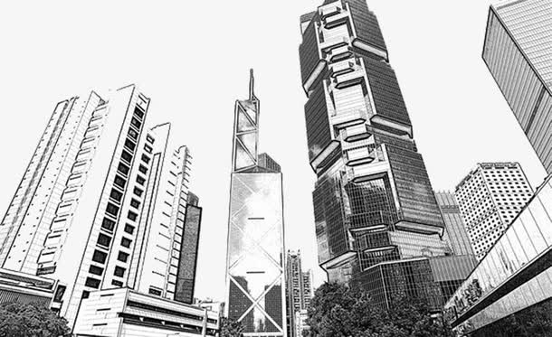 手绘香港建筑景观装饰画免抠