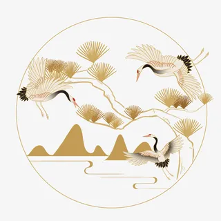 国潮风描金山水仙鹤免抠