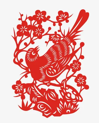 红色剪纸花鸟画免抠
