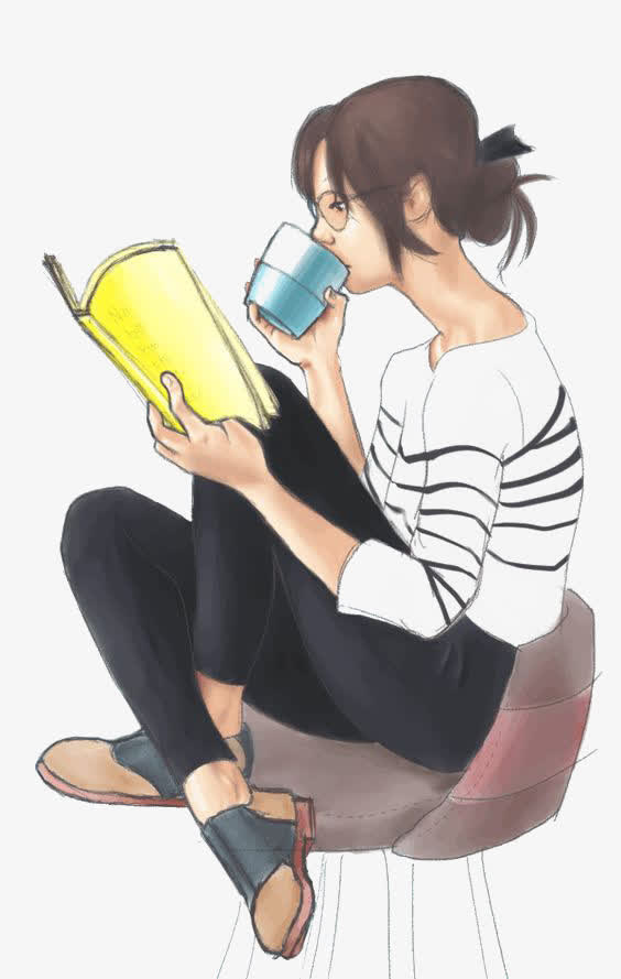 惬意随意读书居家手绘女孩免抠