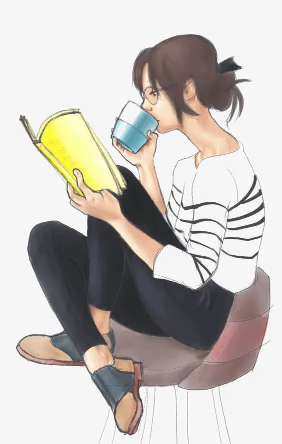 惬意随意读书居家手绘女孩免抠