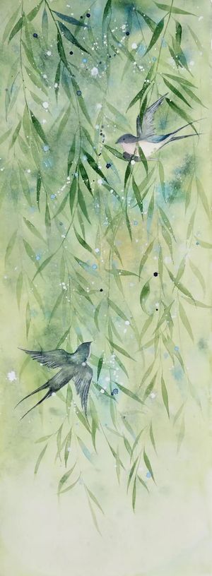 古风二月春风似剪刀燕子柳条背景素材高清