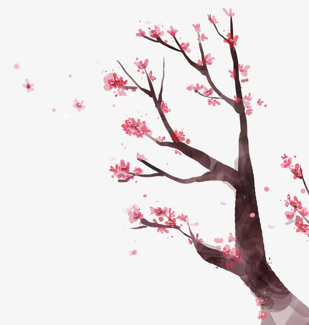 红色清新桃花树装饰图案免抠