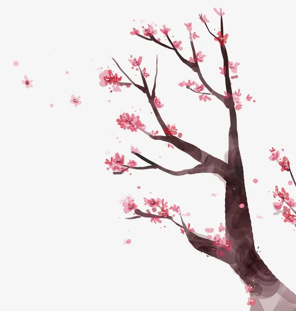 红色清新桃花树装饰图案免抠