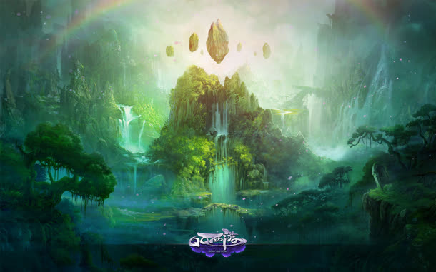 梦幻绿色森林瀑布海报背景