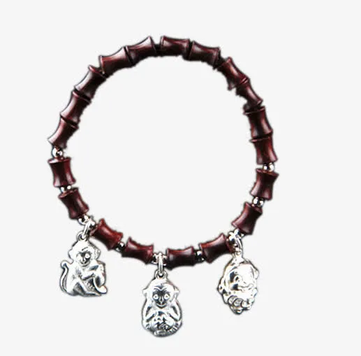 艺瑞小叶紫檀925银猴子手串免抠