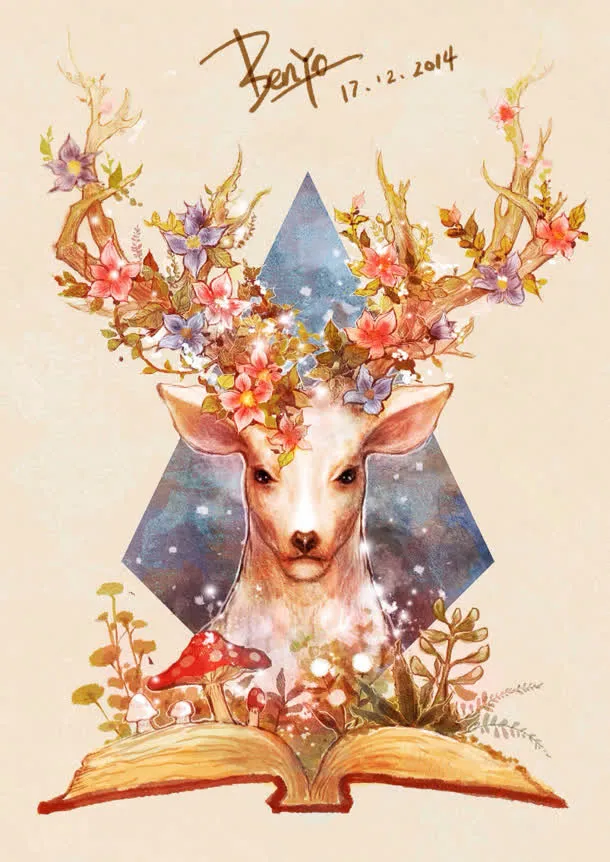 手绘唯美插画遇见鹿免抠