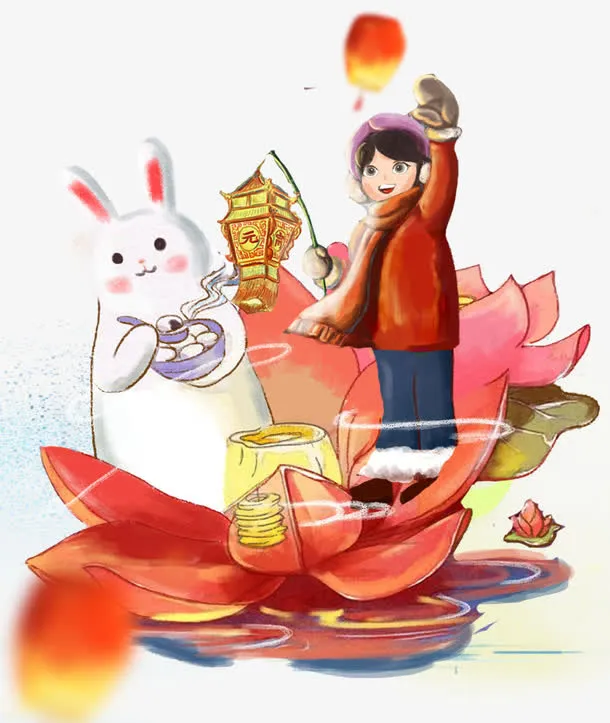 元宵节放河灯装饰手绘插画素材免抠