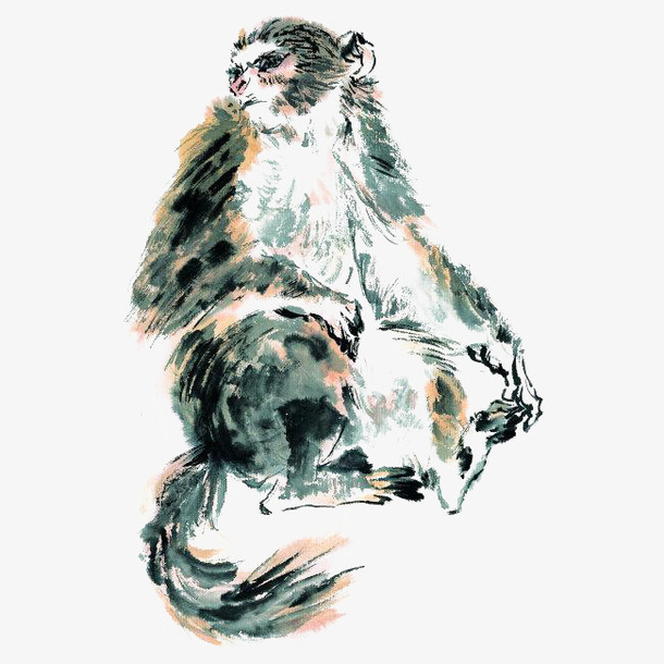 中国风一只彩绘水墨猿猴免抠免抠