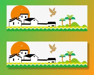 卡通手绘村庄太阳风景画免抠