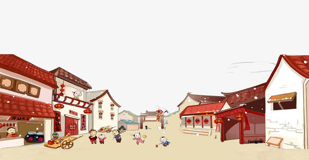 手绘街道房子免抠