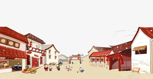 手绘街道房子免抠