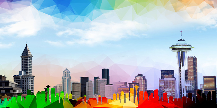 彩色几何剪影西雅图旅游海报背景素材高清