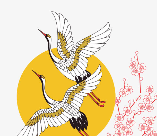 中国风圆月仙鹤免抠