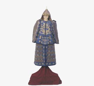 满族皇族青色蟠龙盔甲免抠