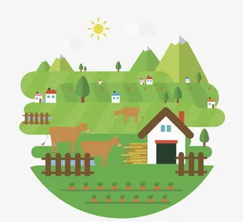 绿山环绕村庄与牧场免抠