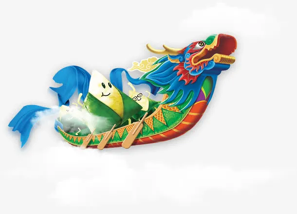卡通粽子划龙舟云朵中插图免抠
