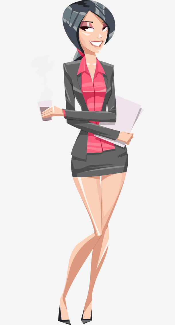 卡通手绘拿杯子白纸商务女士免抠