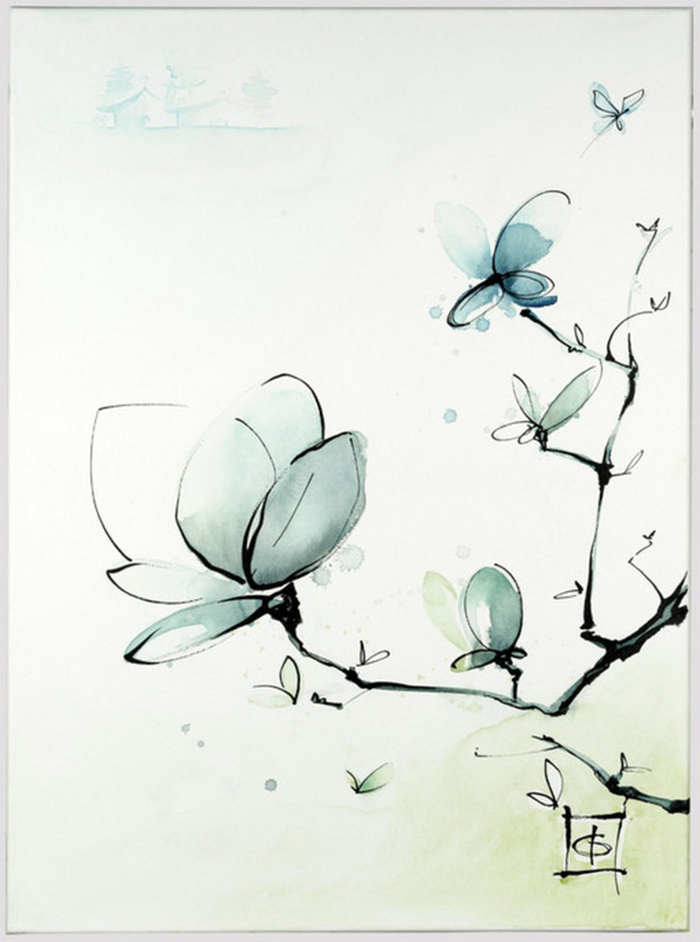 淡雅水蓝色水墨花草海报背景素材高清