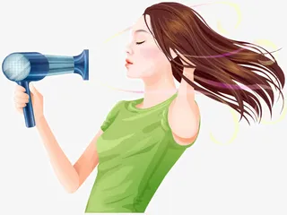 手绘插图美女吹头发侧面免抠