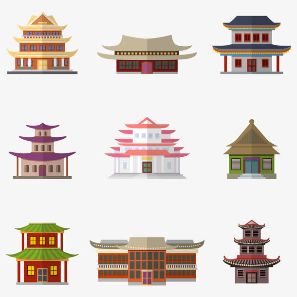 矢量彩色建筑集合免抠