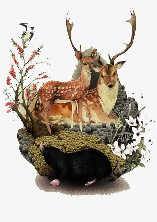 古典手绘梅花鹿装饰免抠