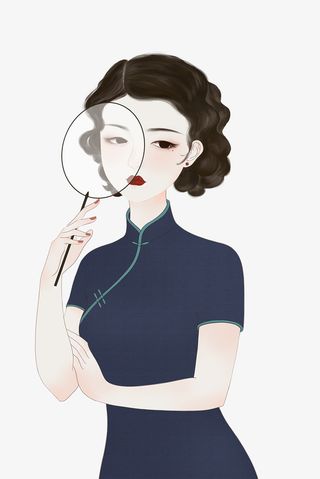 手绘旗袍女子免抠