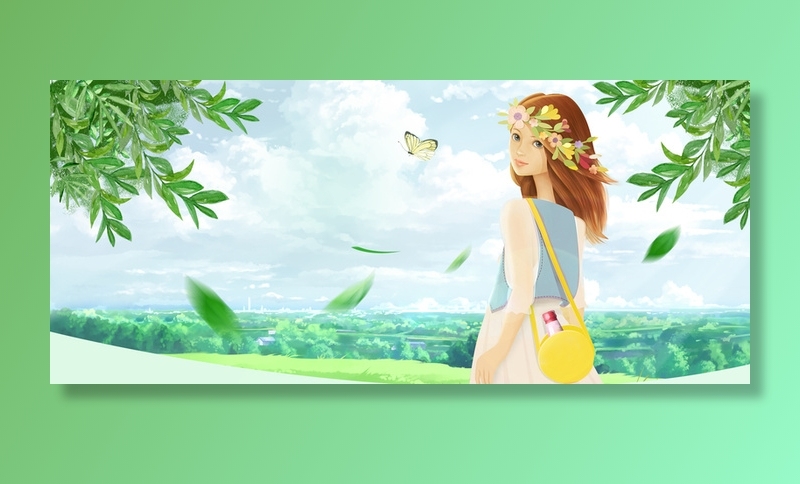 春游手绘风美女蓝天白云蓝色banner高清