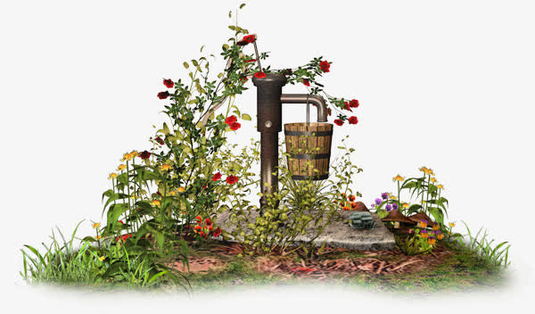 可爱唯美花朵草地木桶免抠