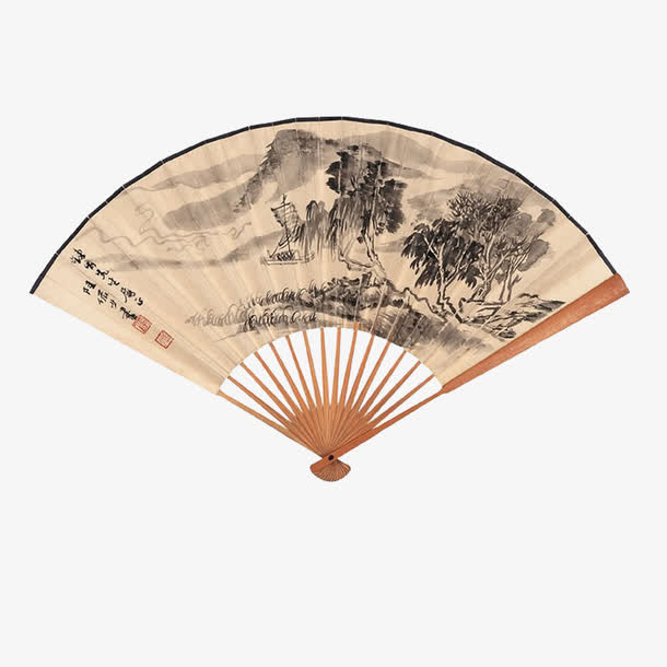 古典山水风景折扇免抠
