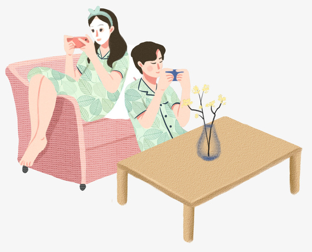 手绘人物插画居家玩游戏的情侣免抠