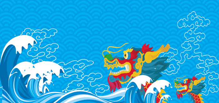 蓝色海浪中国风花纹龙卡通 banner高清