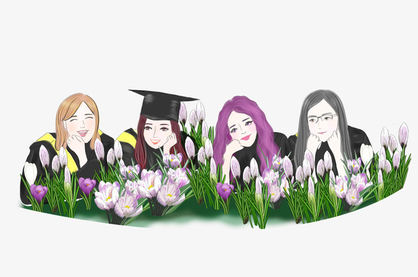 女生集体毕业照插画免抠