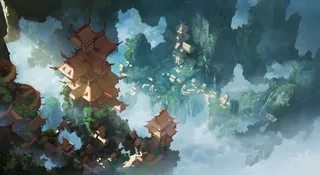 卡通天上高耸城楼中国风海报背景免抠