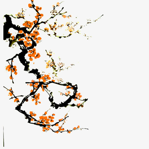 水墨中国风桃花装饰图案免抠