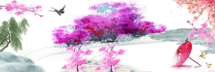 玫红桃红燕子柳树春天背景banner高清