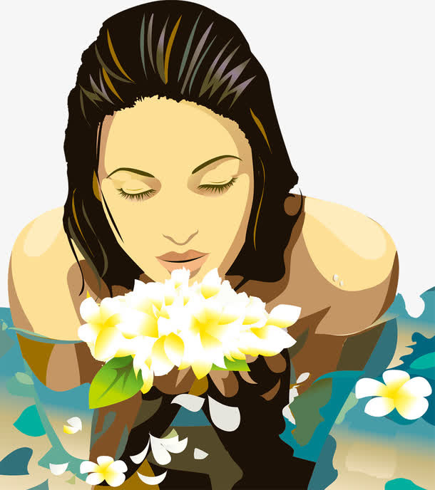 手捧鲜花沐浴美女矢量图免抠