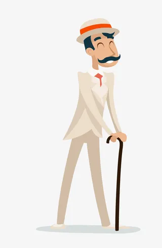 彩色手绘人像卡通拿文明棍绅士免抠